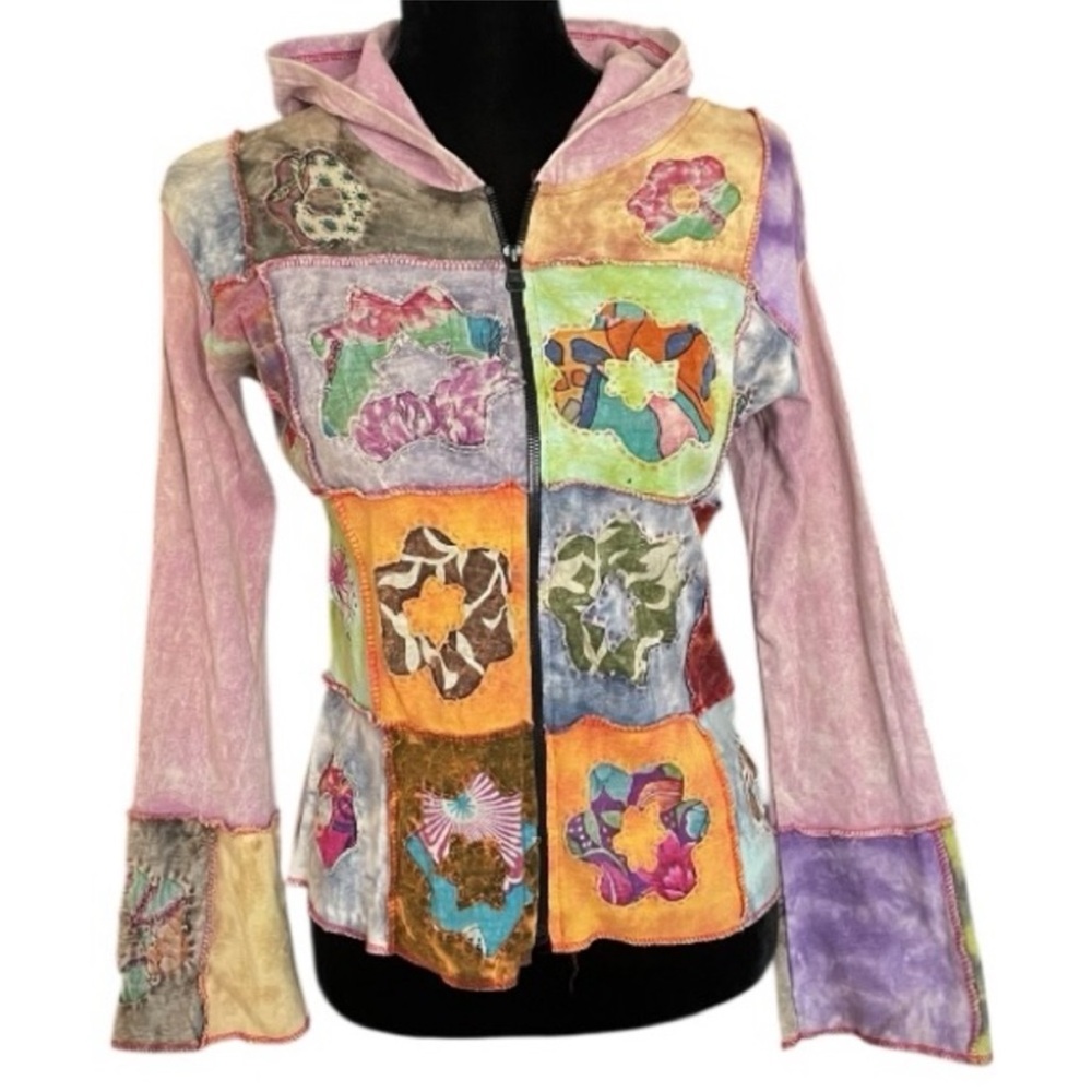 Shop Therapy Multicolor Patchwork Hoodie Y2K Boho, hippie vibes